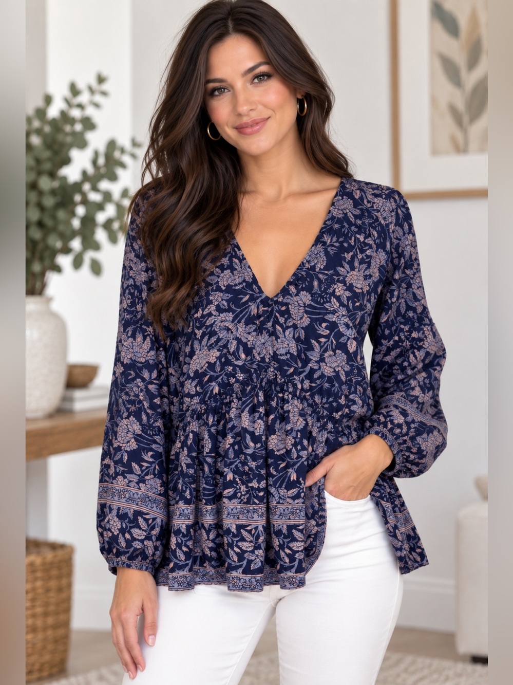 Fall Lucky Brand Navy Floral V-Neck Peasant Tunic